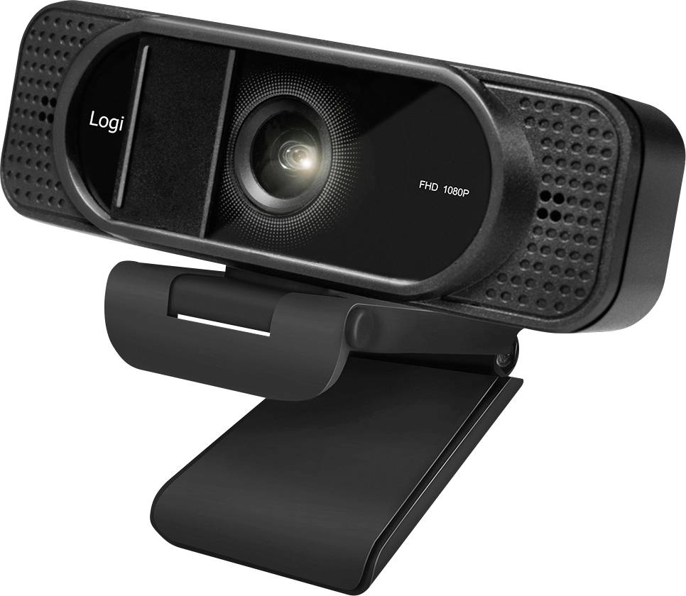A black webcam with 'Logi' logo and 'FHD 1080p' label. It has a wide lens and is mounted on a foldable stand suitable for computers.