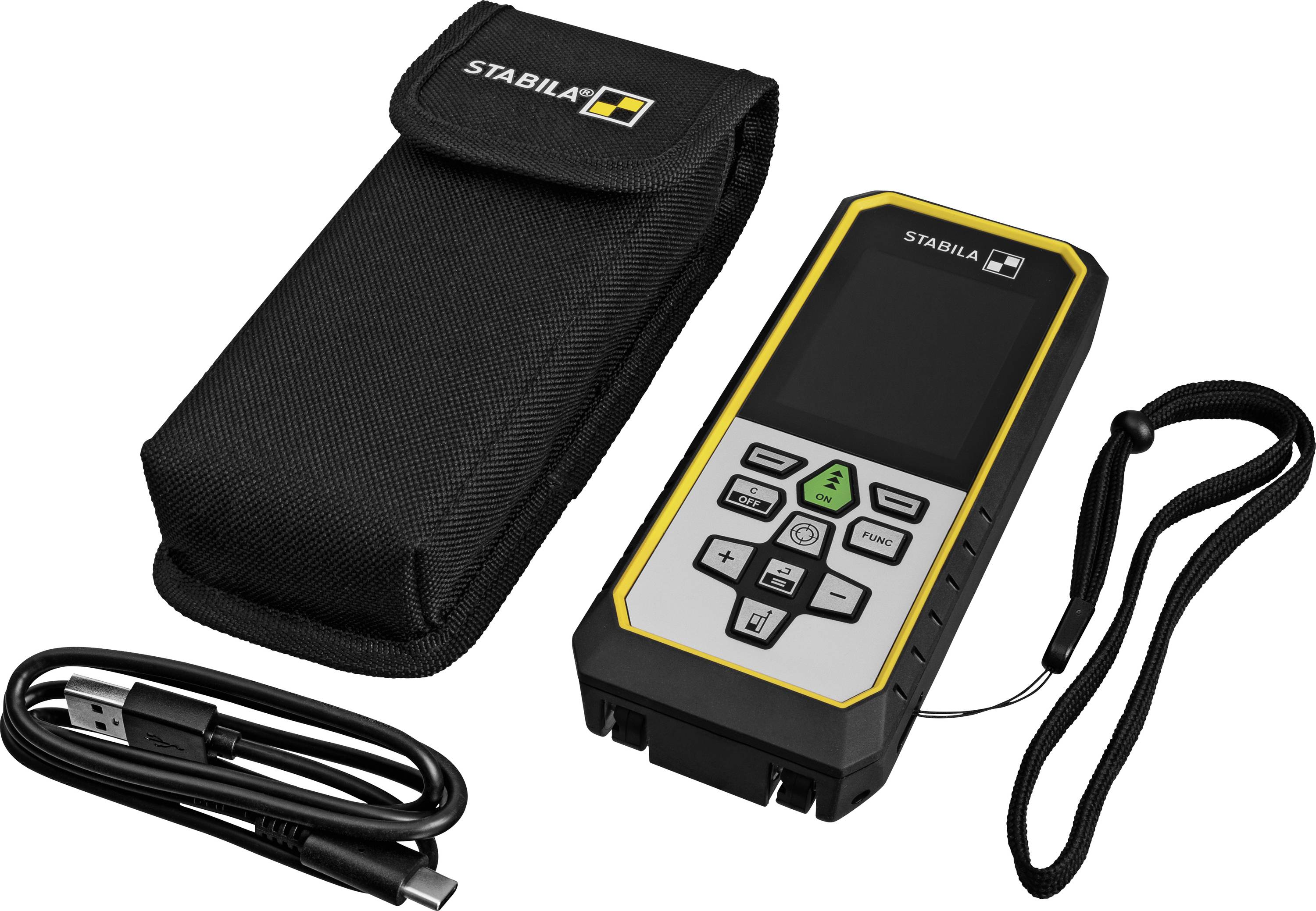 Laser distance measurer with a digital screen and buttons, shown alongside a black carrying pouch and a USB charging cable.