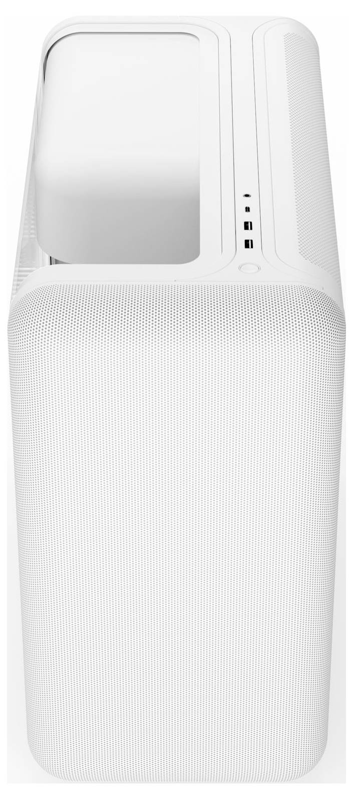 A white computer tower with a sleek design and multiple ports on the side, showing minimalist aesthetics and functional connectivity.