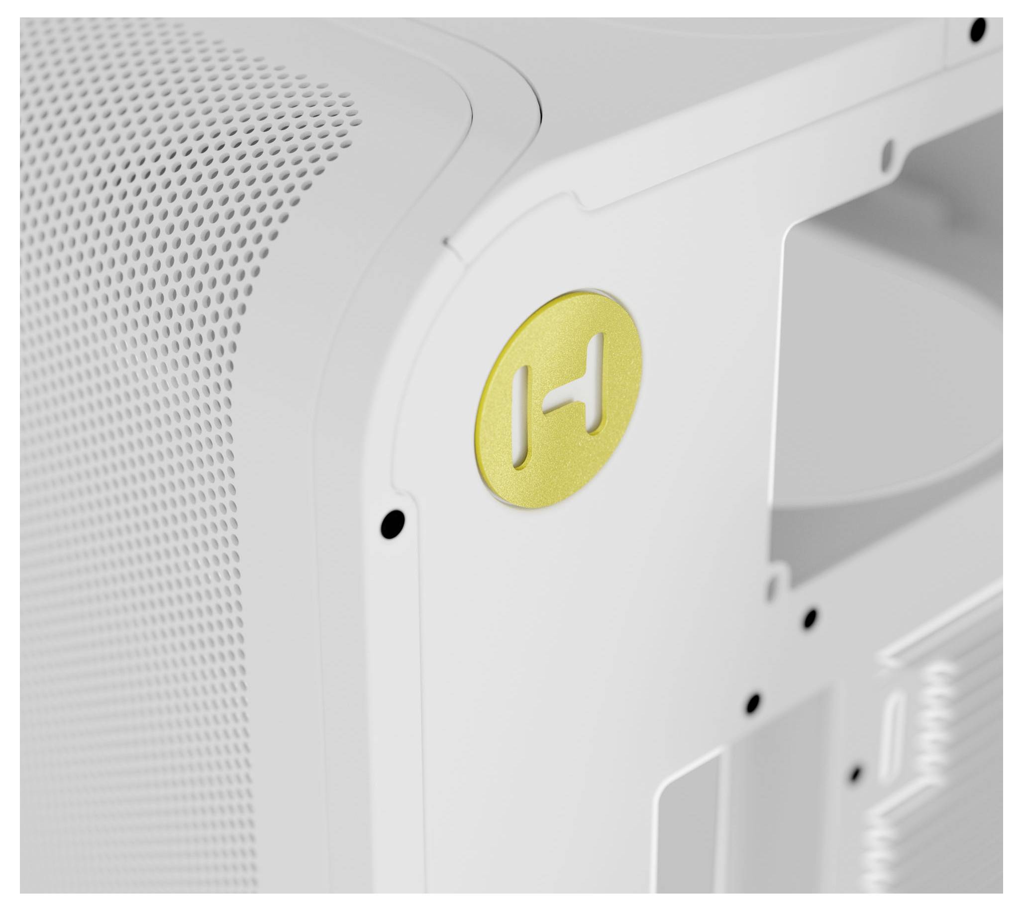 A white electronic device with perforated side panel and a gold circular logo featuring a stylized 'H'; part of a computer casing.