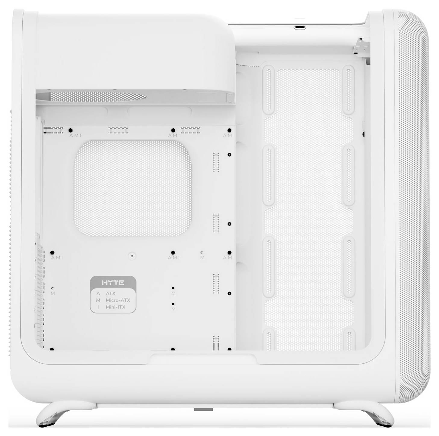 A white computer case with a mesh panel, showing interior space for hardware components, suitable for ATX, Micro-ATX, and Mini-ITX motherboards.