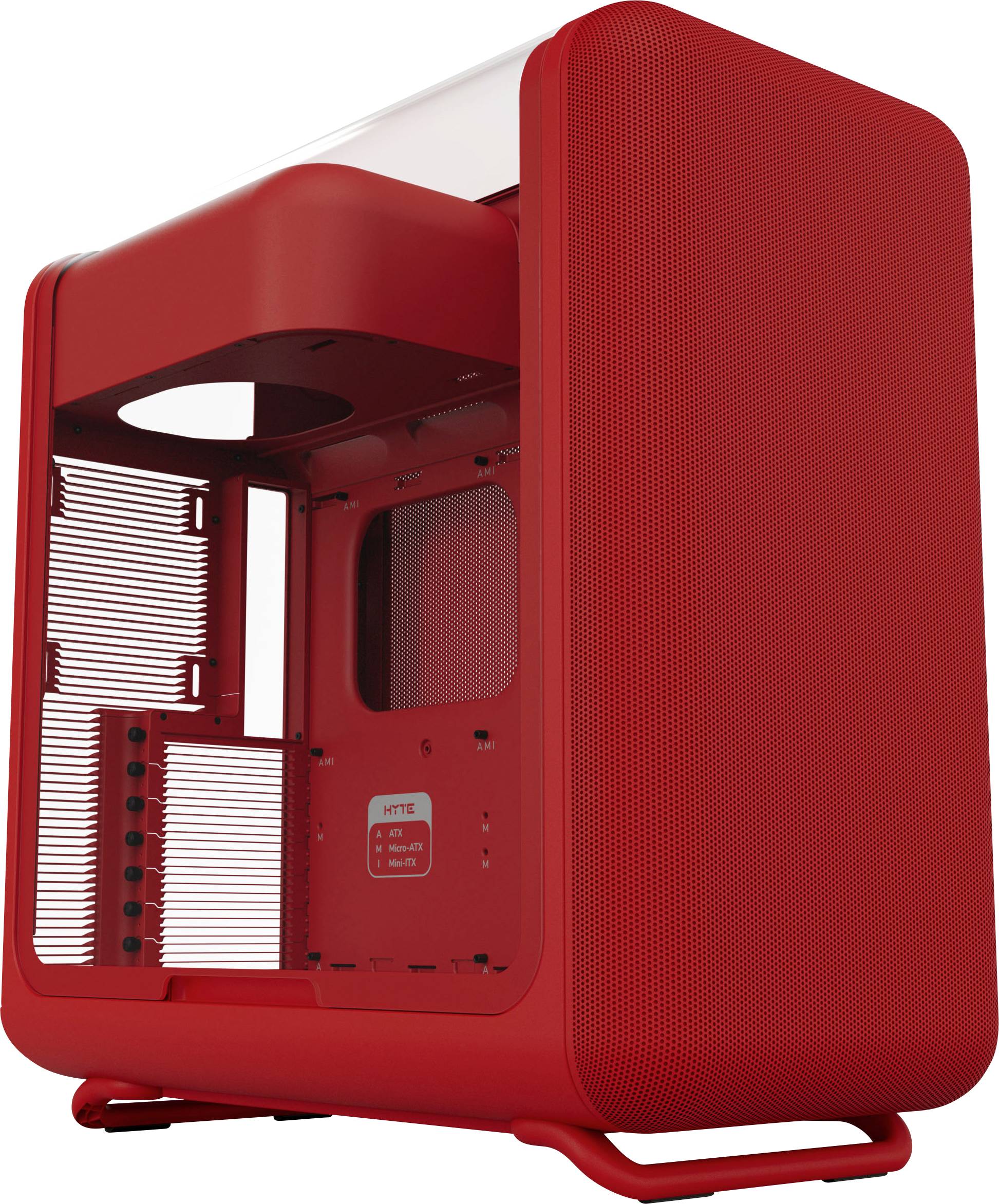 A red computer case with a large side opening for components. Matte finish and sleek design suitable for PC building.