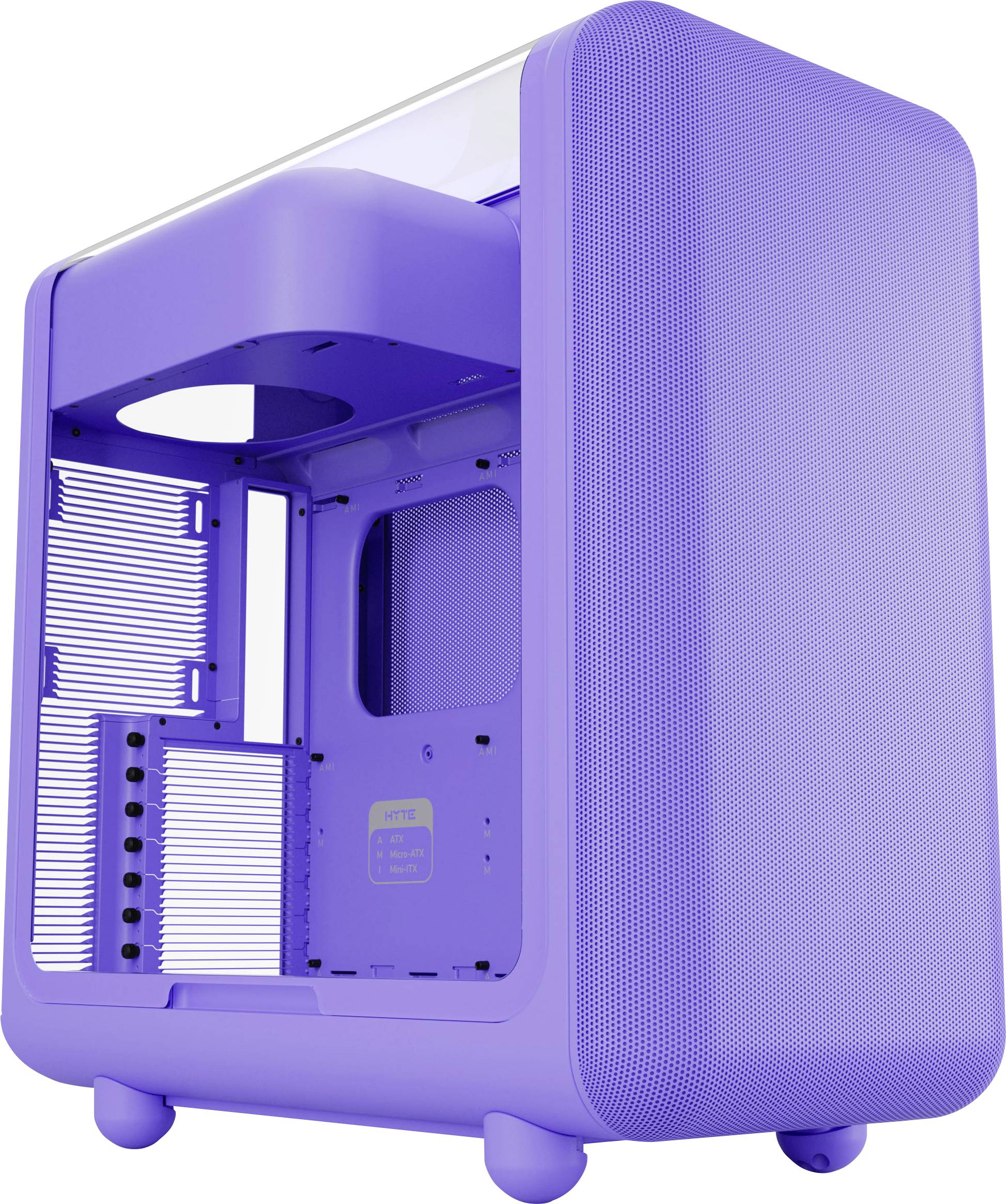 A purple computer case with side ventilation and a transparent top, showing interior space for components and multiple expansion slots.