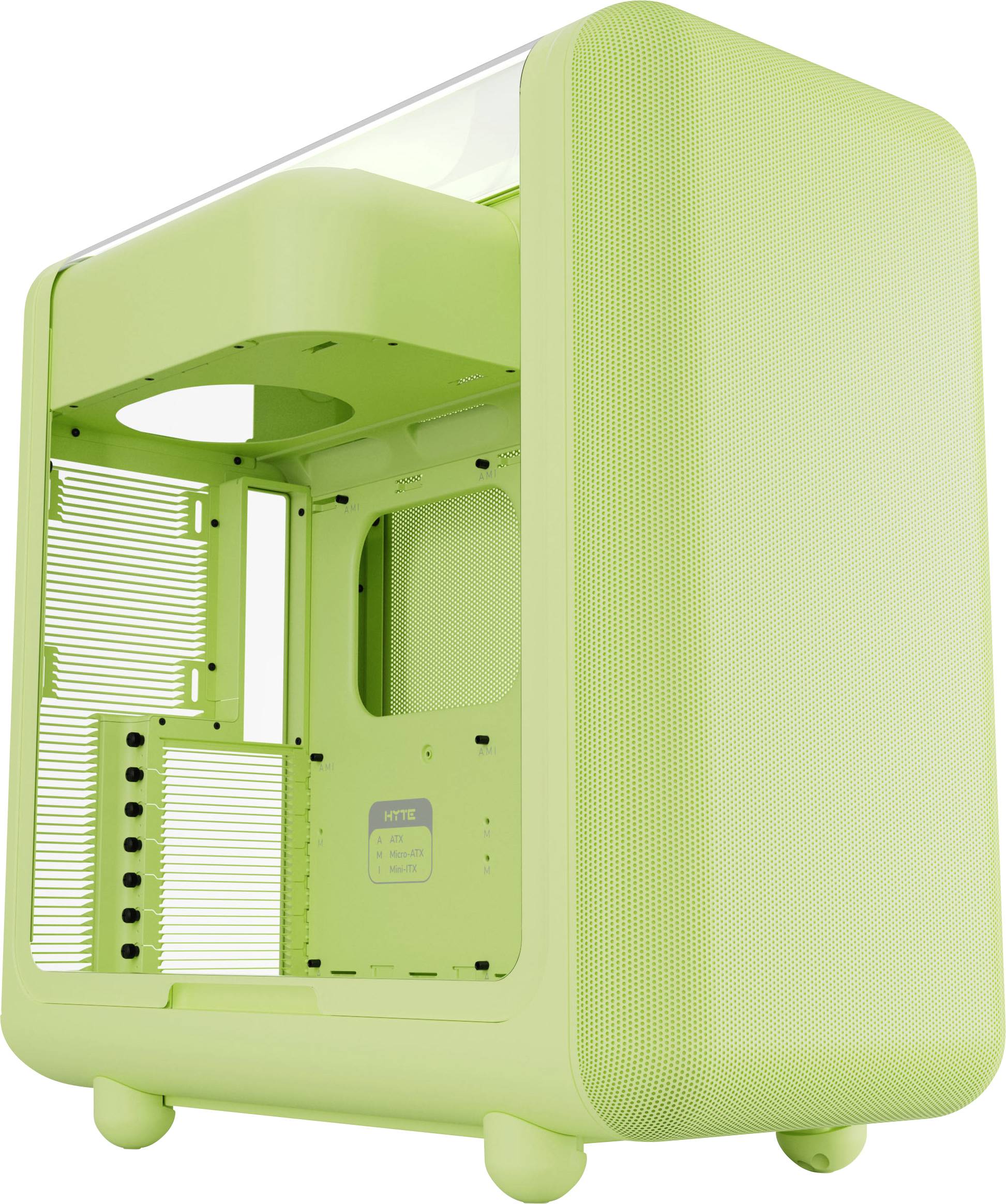 A lime green computer case with a mesh front panel, open side, and cylindrical corners. It shows multiple slots for components.