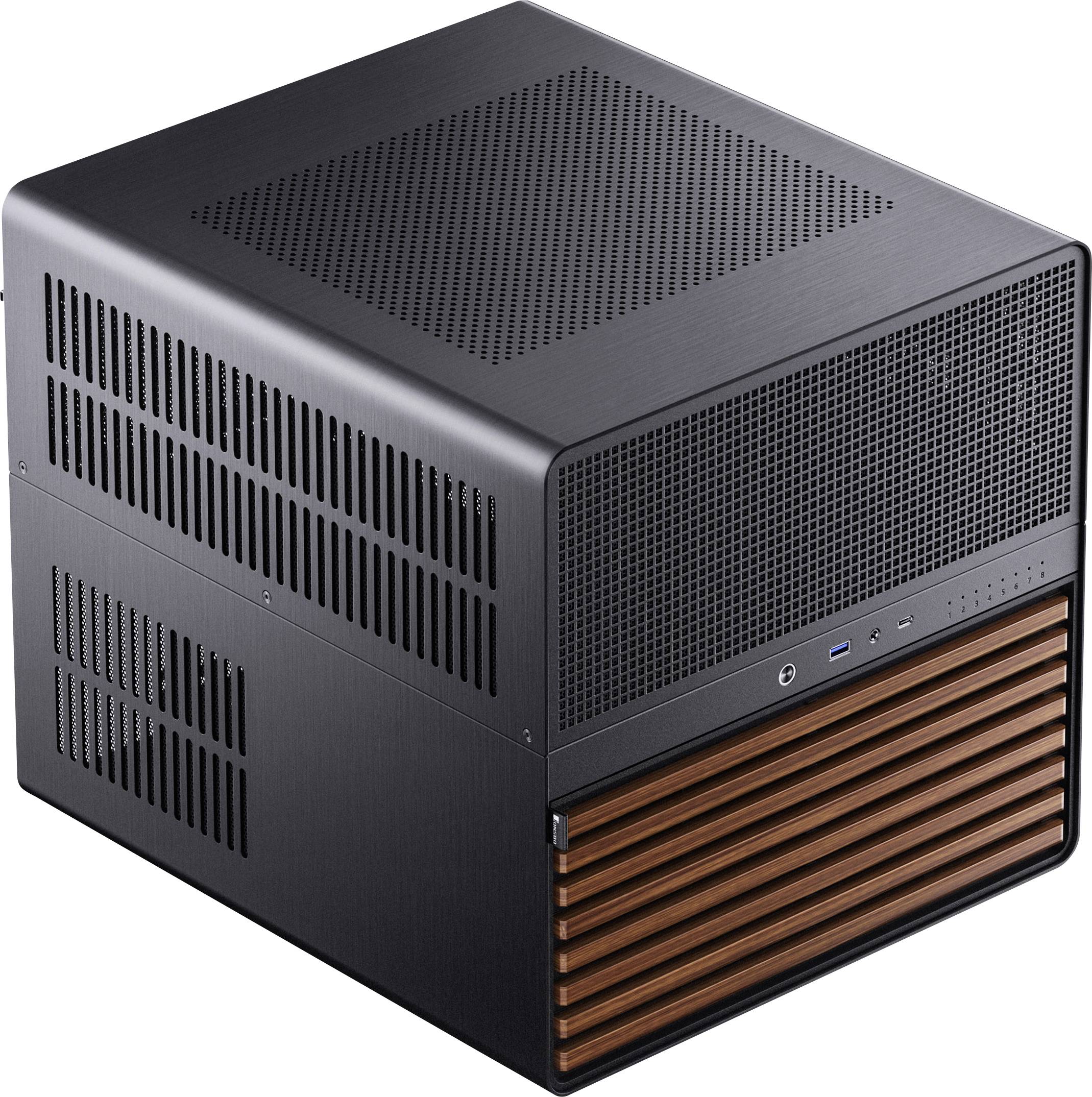 A sleek, cube-shaped computer case with black metal finish and a front panel featuring wooden slats and power button.