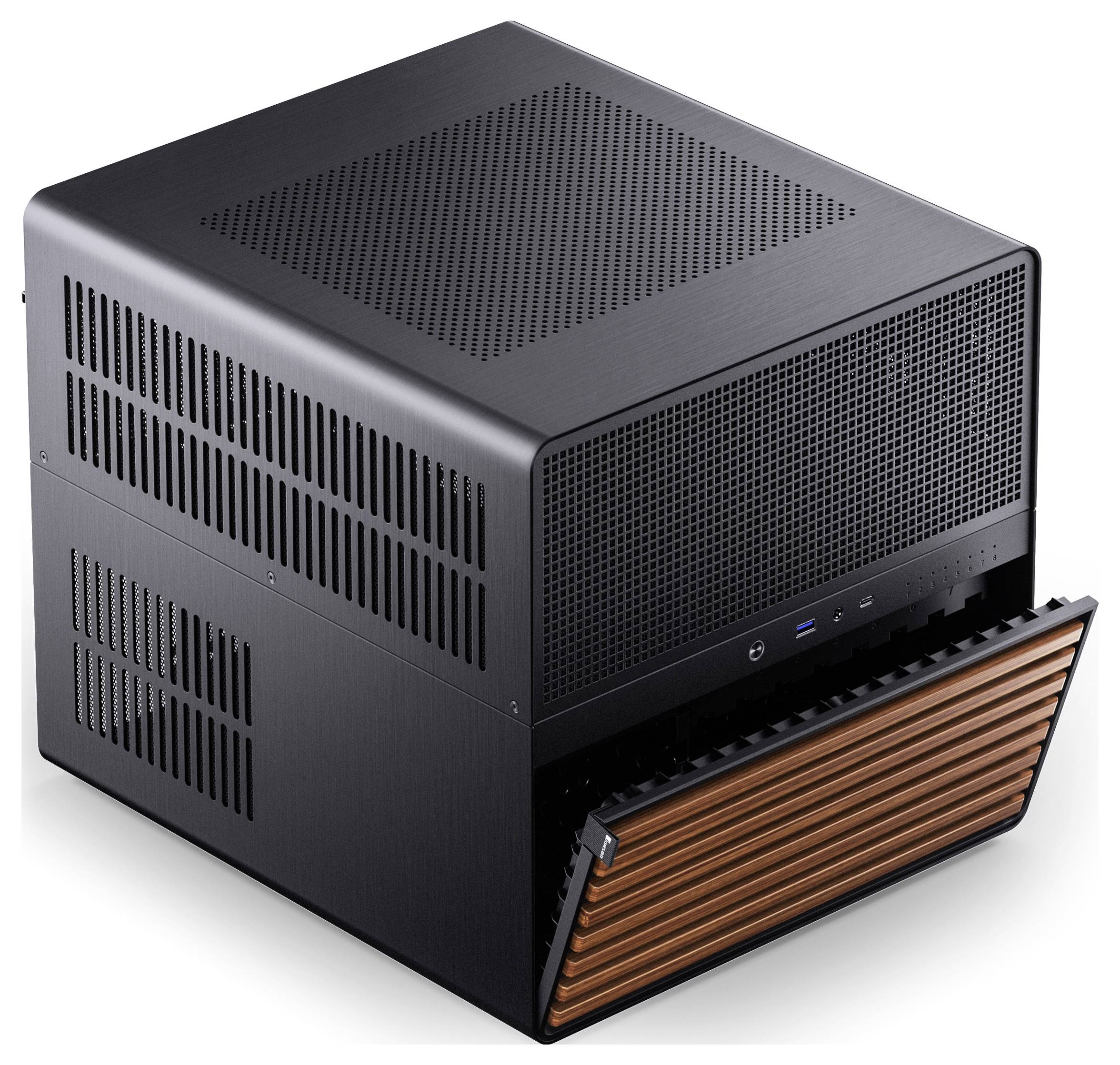 A sleek black computer case with a wooden-patterned front panel partially open, revealing USB ports, designed for compact, modern setups.