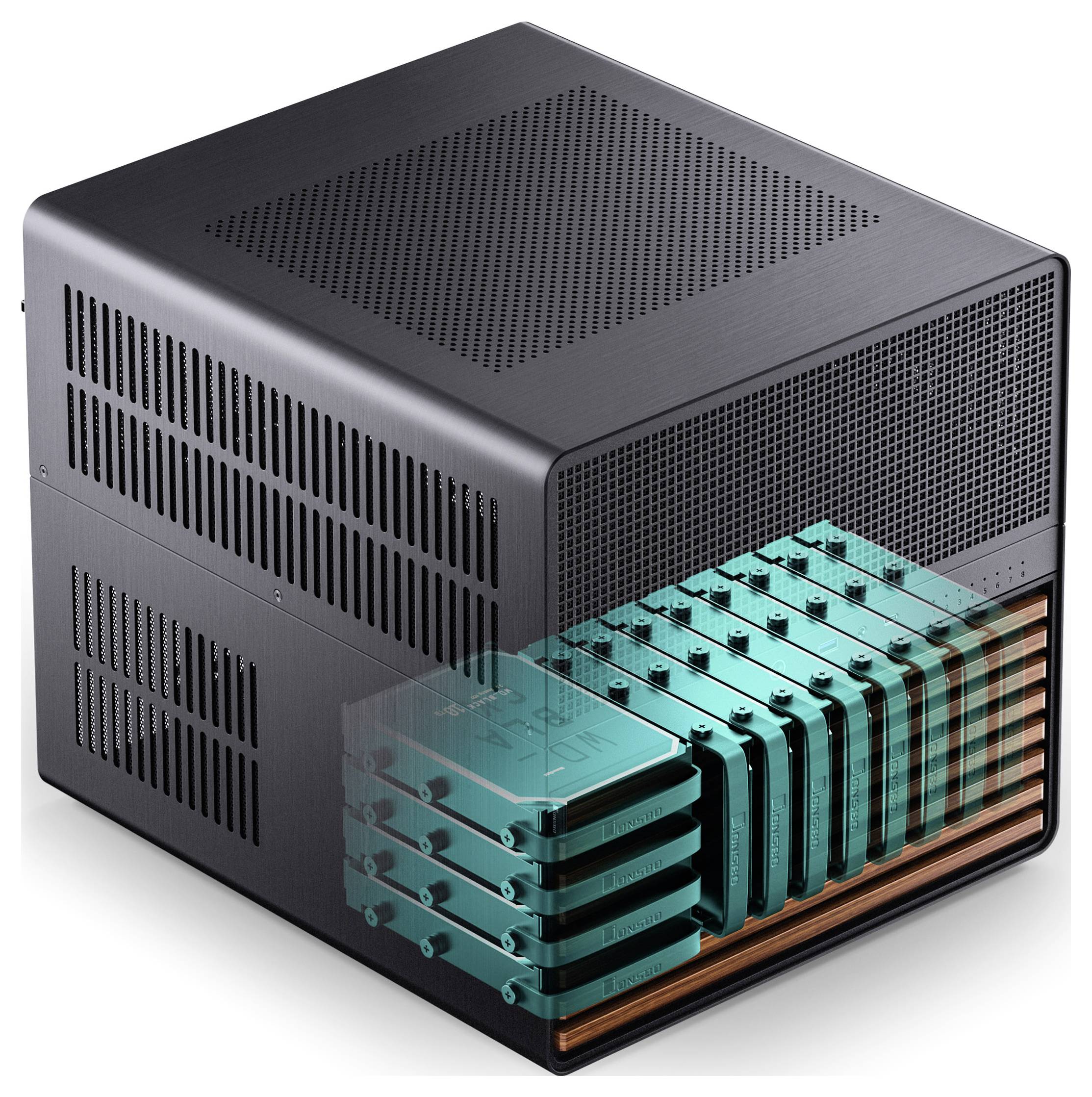 A black computer server cube with semi-transparent panels showing multiple stacked blue and green circuit boards inside.