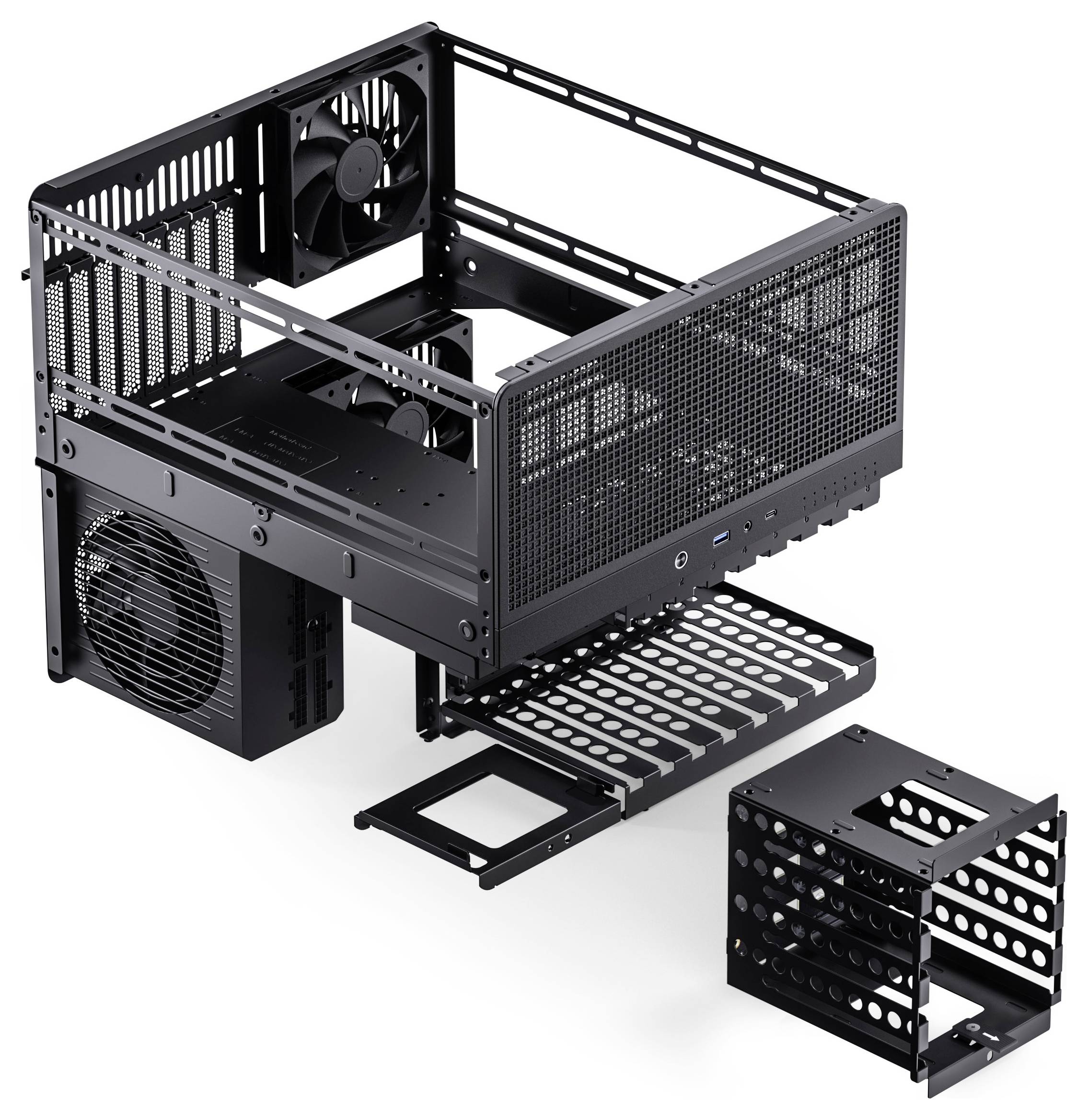 Open-frame computer case with modular components, featuring adjustable panels, cooling fans, and slots for power supply and storage.