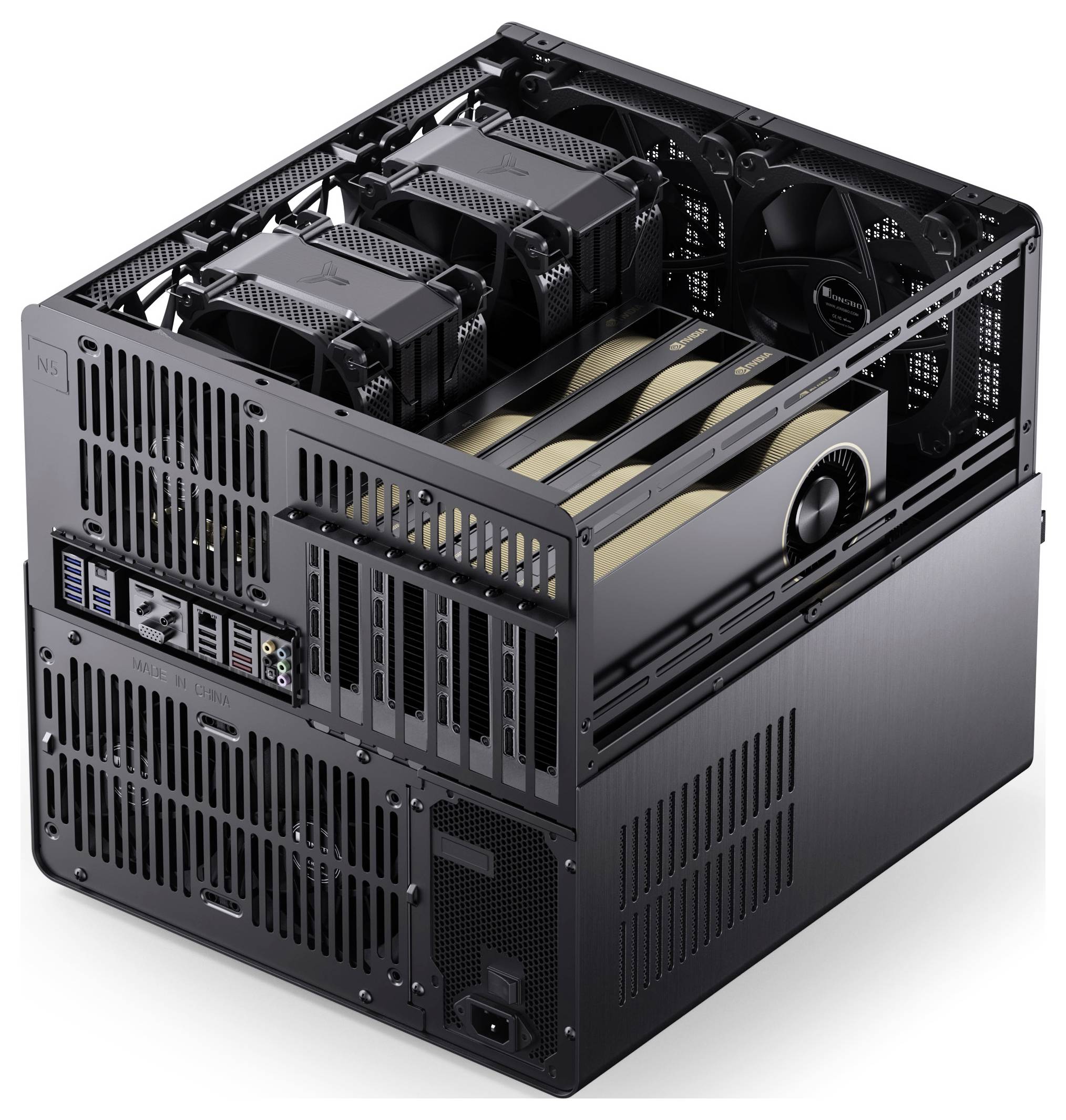 A high-performance desktop computer case with multiple cooling fans and a visible graphics card, designed for gaming or heavy computing tasks.