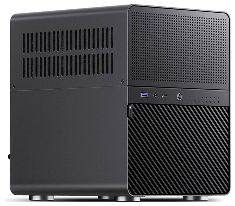 A modern, compact black computer tower with vented panels and a front USB port, designed for efficient cooling and accessibility.