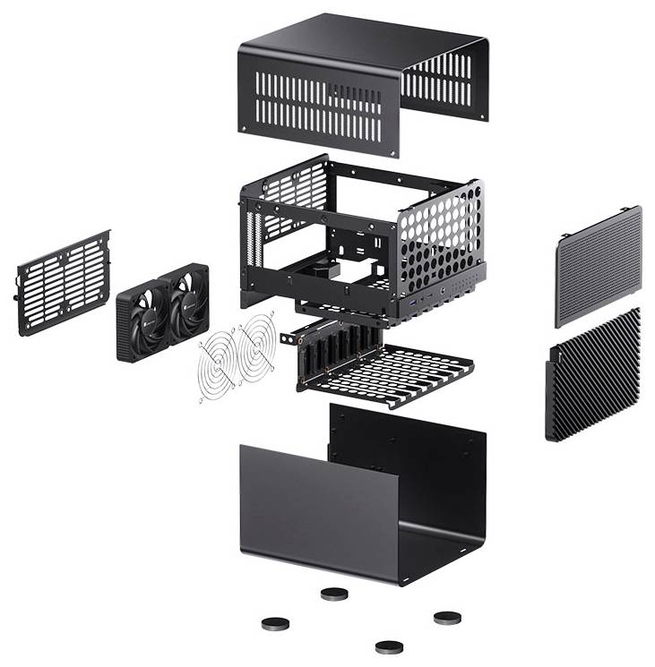 Exploded view of computer case components showing fan, panels, frame structure, and screws, illustrating assembly process.