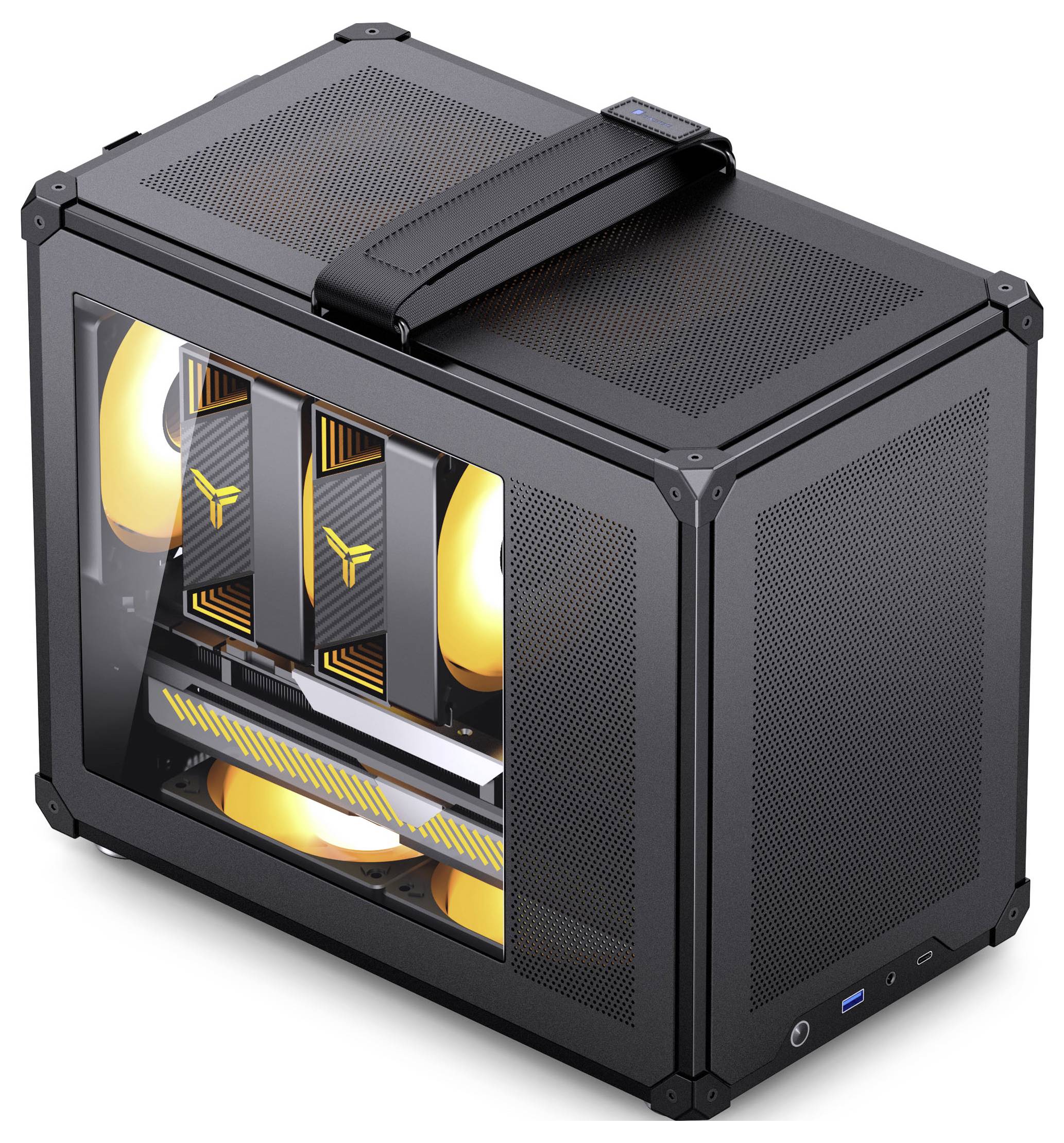 A black gaming PC case with a transparent side panel reveals internal orange lighting and dual graphics cards with a Y-shaped logo.