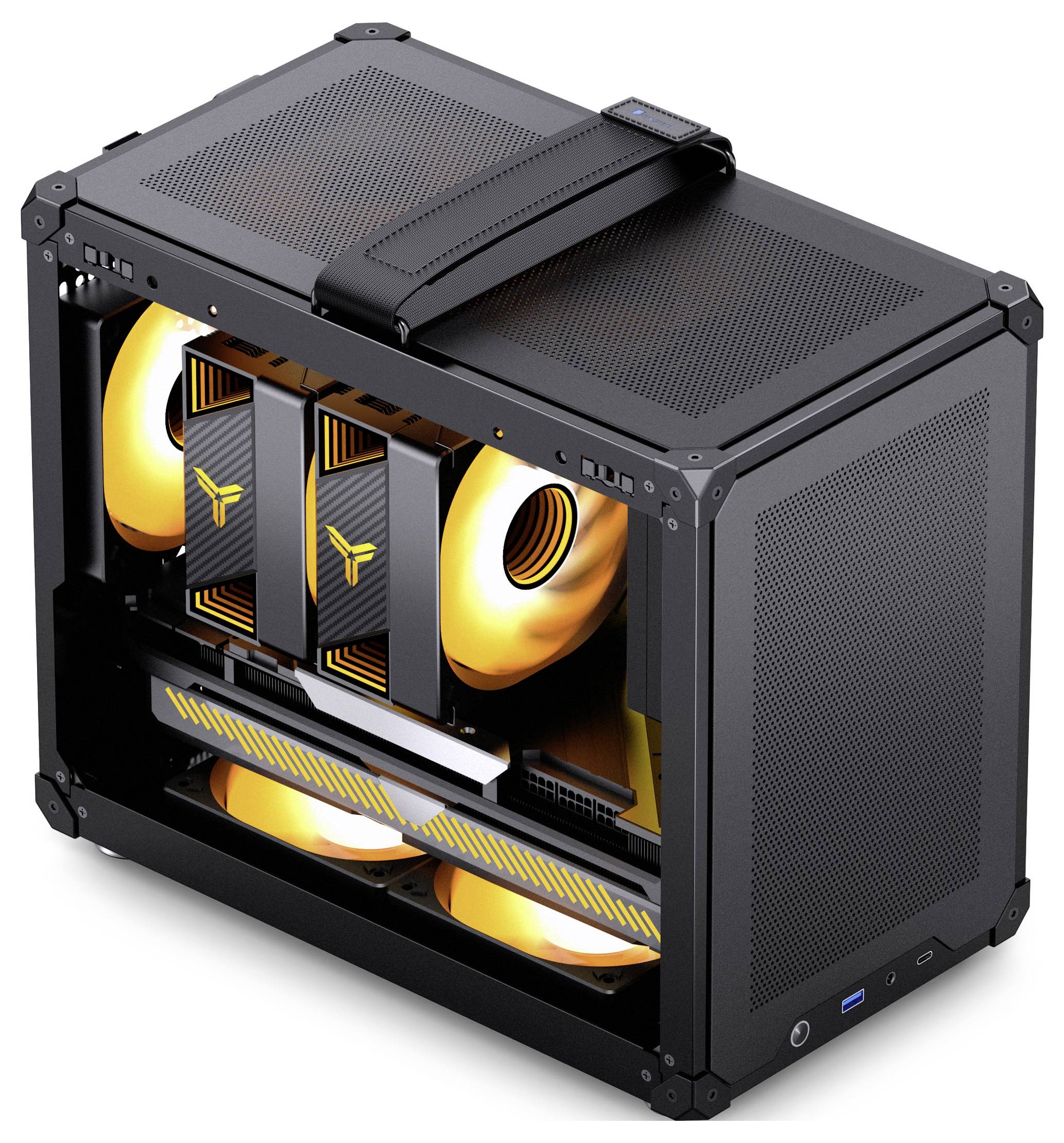 A compact black gaming PC case with a visible side panel showing prominent orange-lit fans and two graphics cards inside.