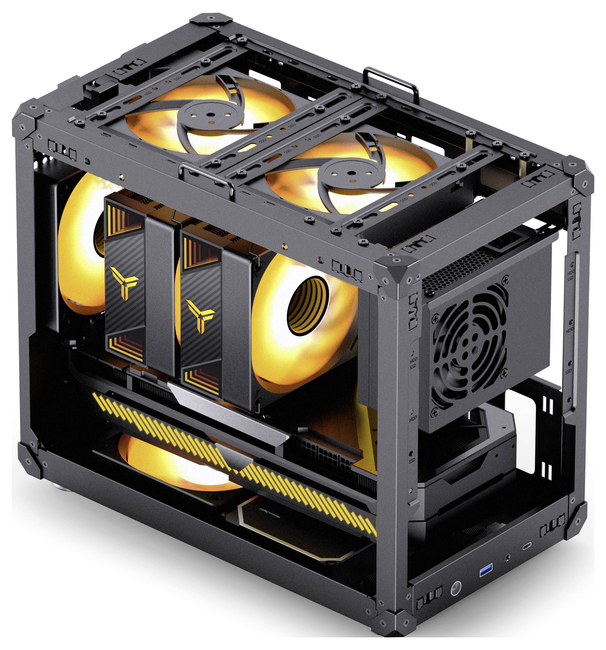 Open-frame black computer case with three large glowing orange fans, a power supply, and graphics card installed, showcasing airflow.