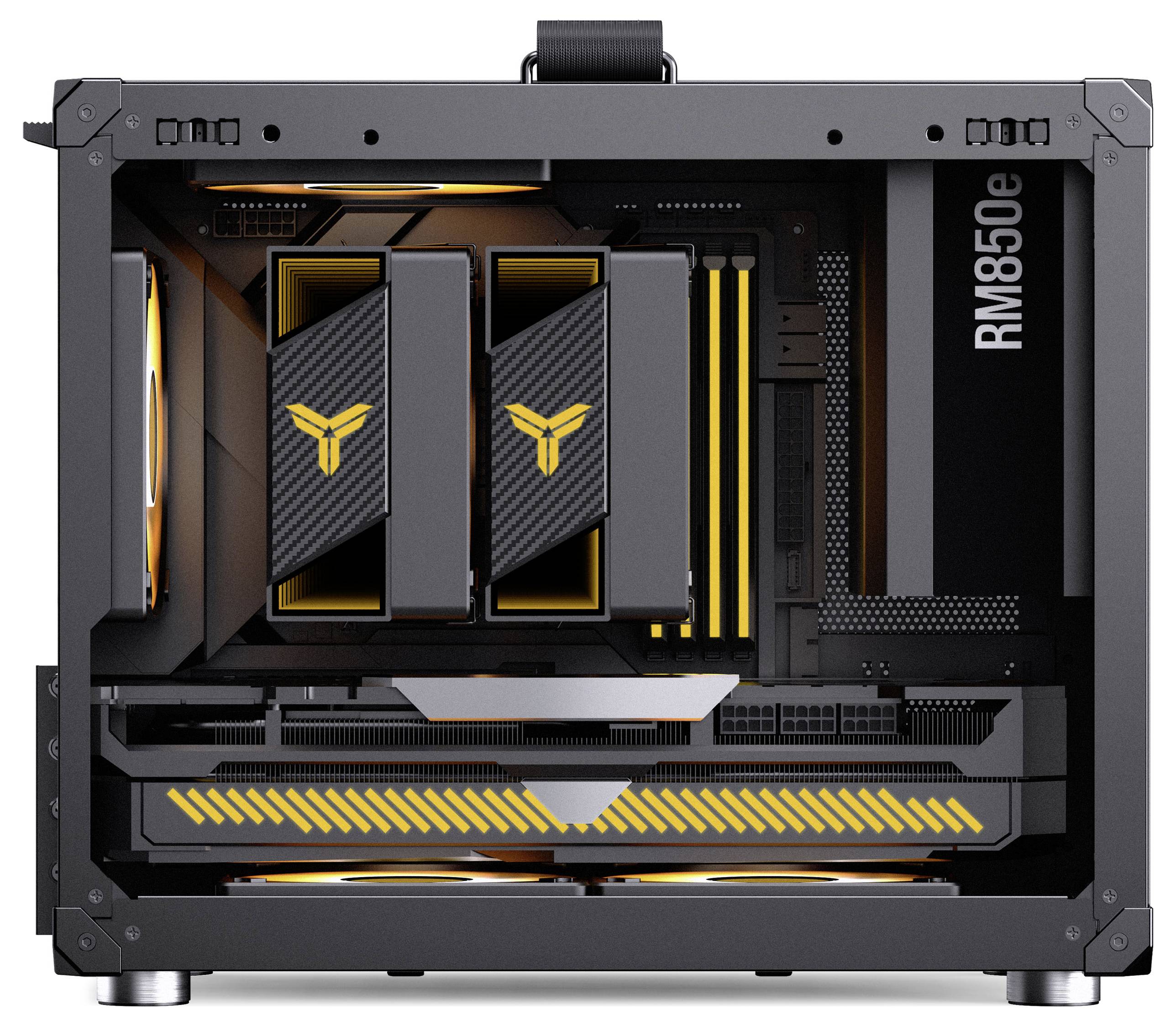 A desktop computer casing with transparent side showing two large graphics cards, power supply labeled 'RM850e', and orange LED lighting.