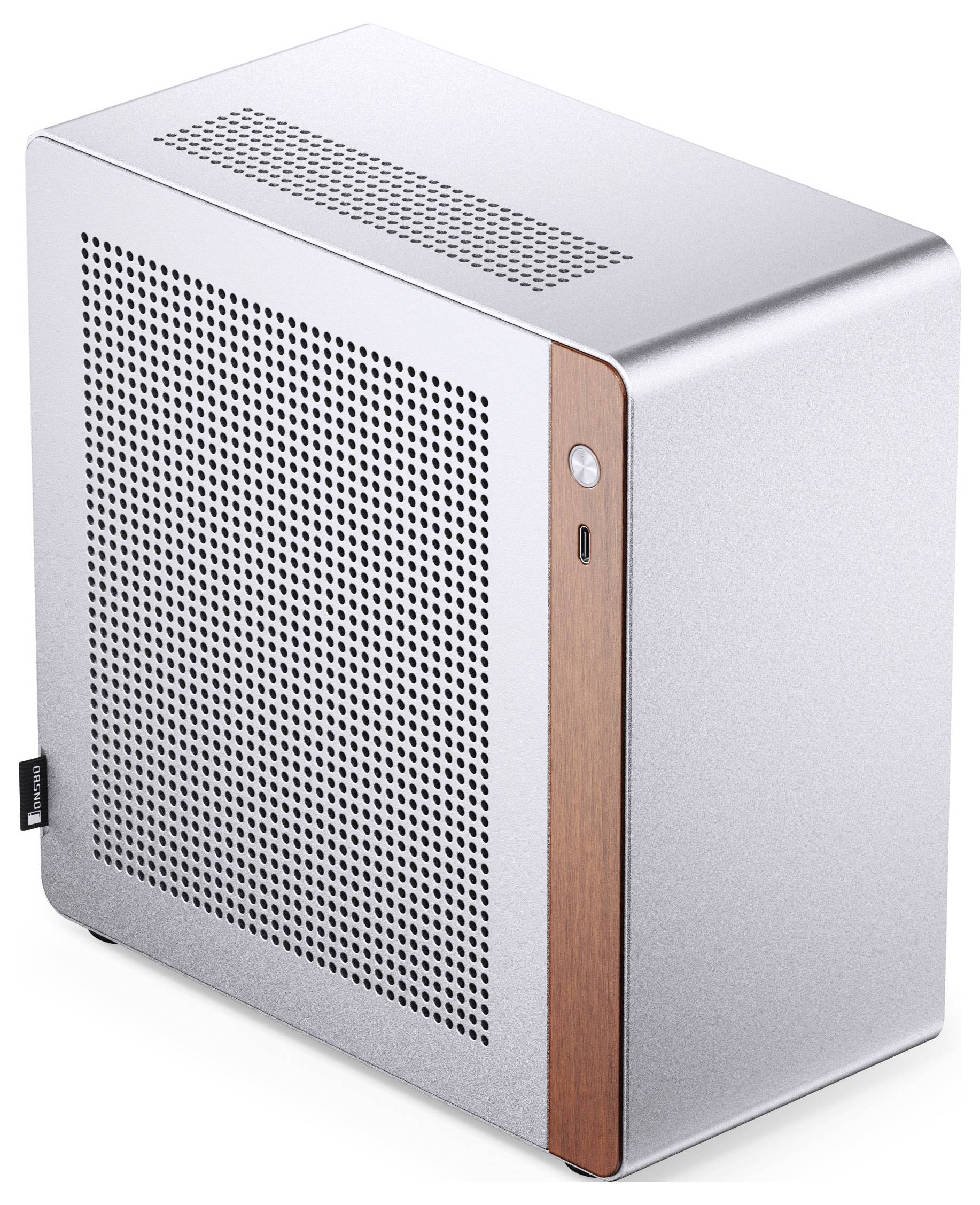 Compact, silver computer case with perforated side panel and a wooden accent on the front.