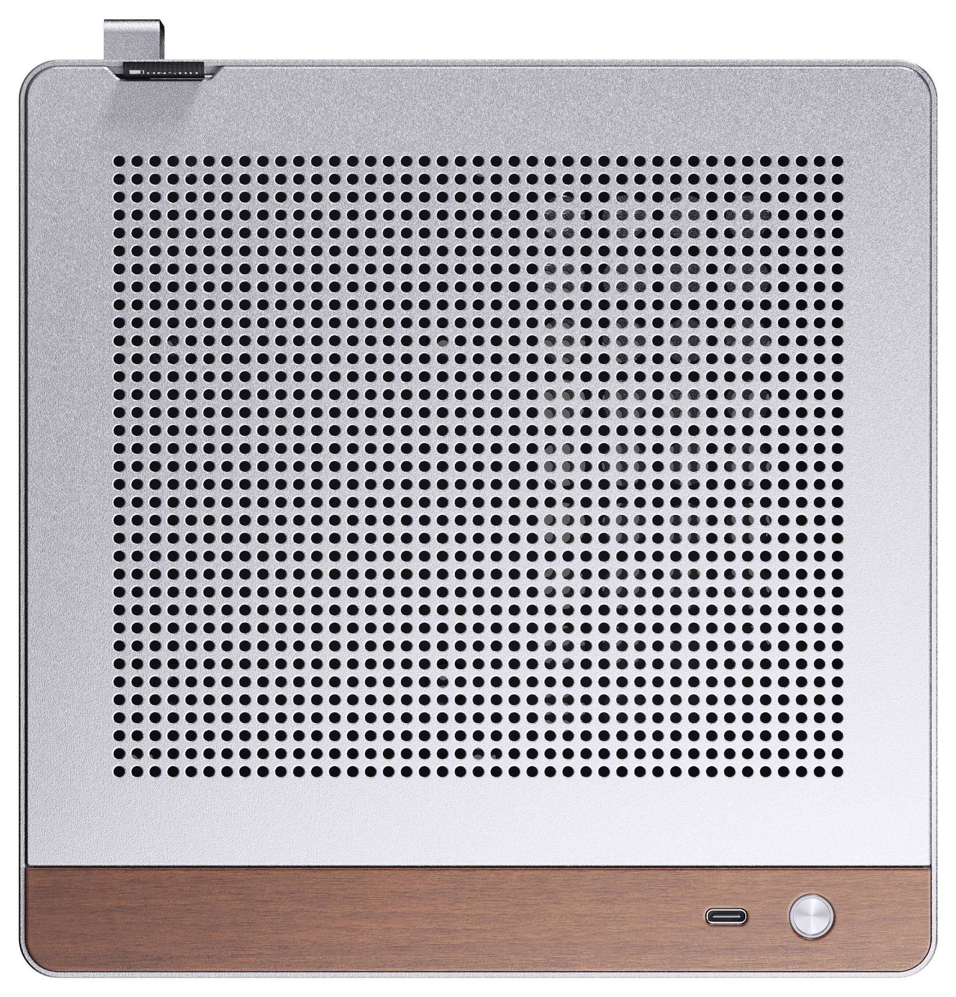 Square metallic speaker with perforated front, a wooden base strip, and buttons for power and volume control located at the bottom.