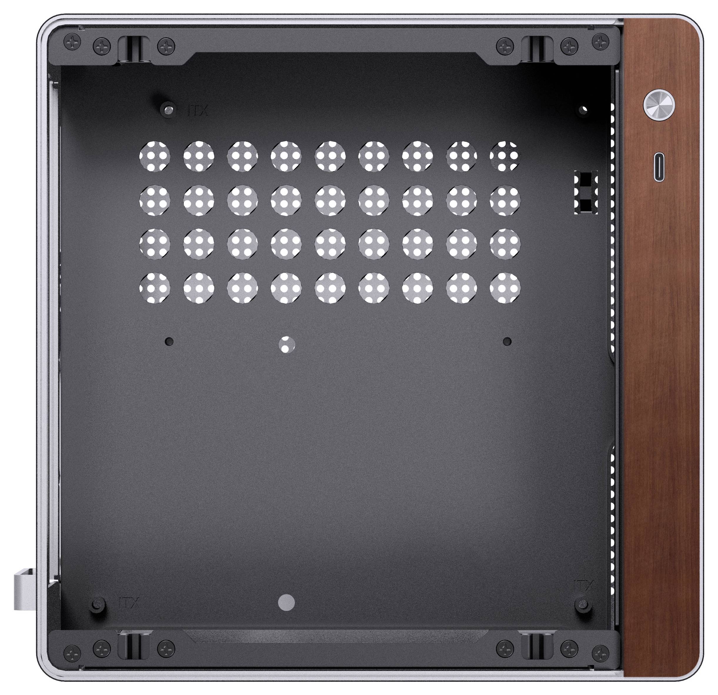 The image shows the interior of a computer case with a perforated background panel and a side panel featuring a wood finish.
