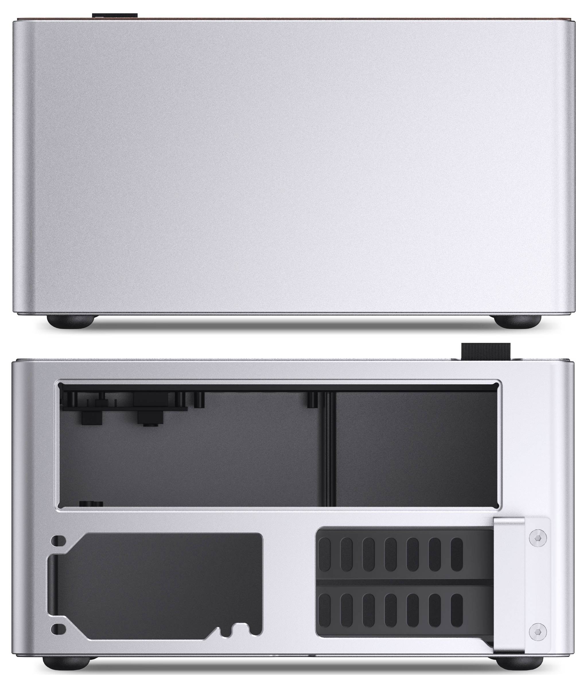 A small, silver, rectangular computer case with a minimalist design, shown from two angles: one with the front closed, the other with the side open revealing compartments.