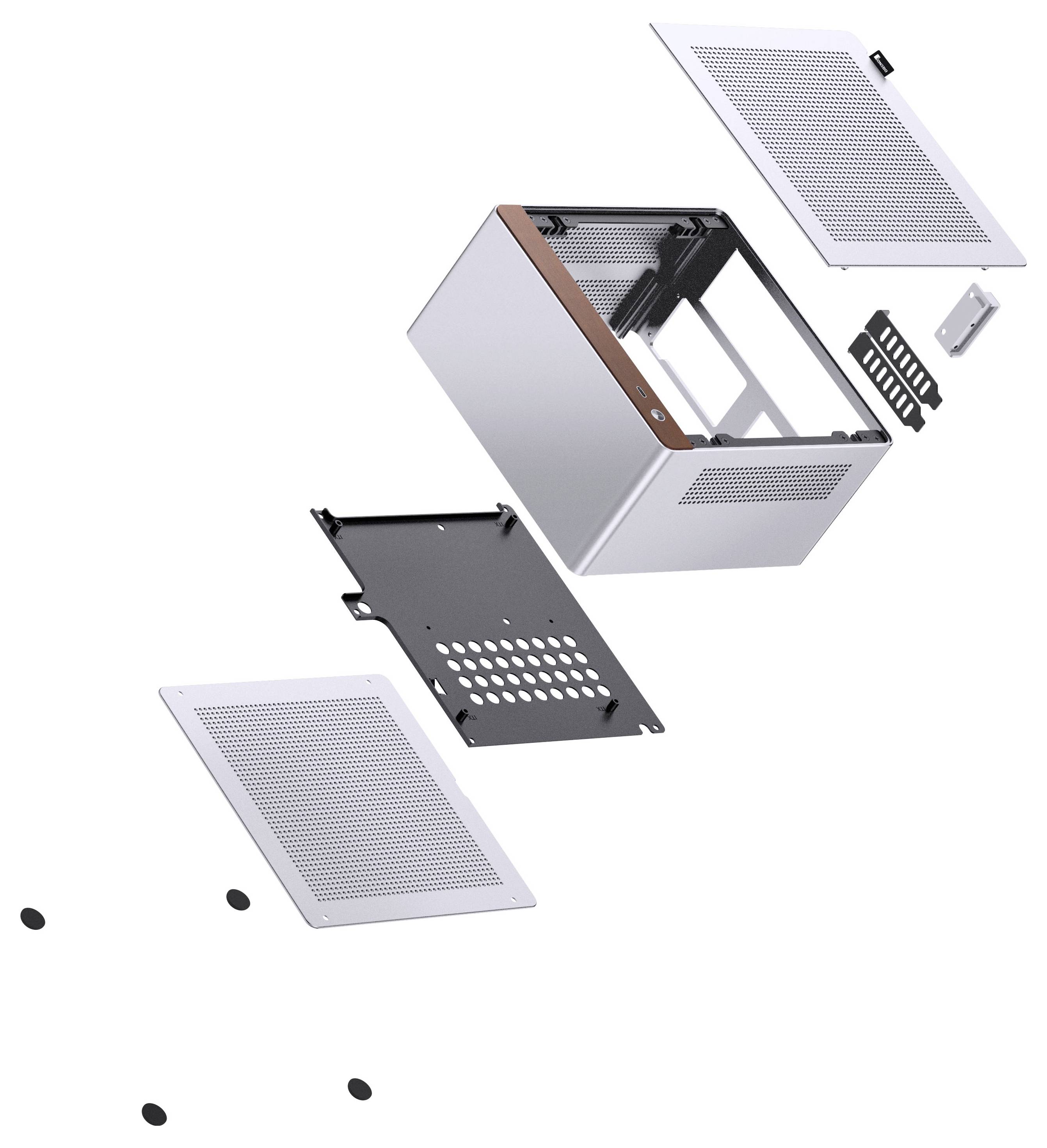 Exploded view of a computer case showing its parts: metal frame, side panels, ventilation grilles, and small components spread apart.