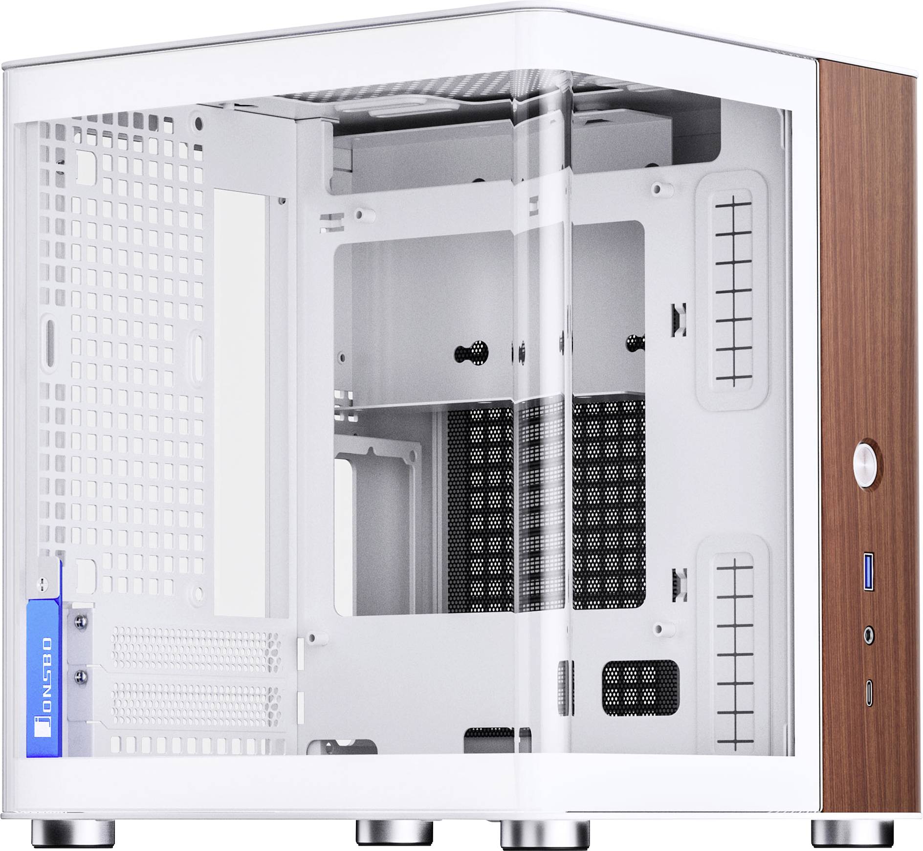 A white and wood-grain computer case with a transparent side panel, showcasing interior compartments for installing components.