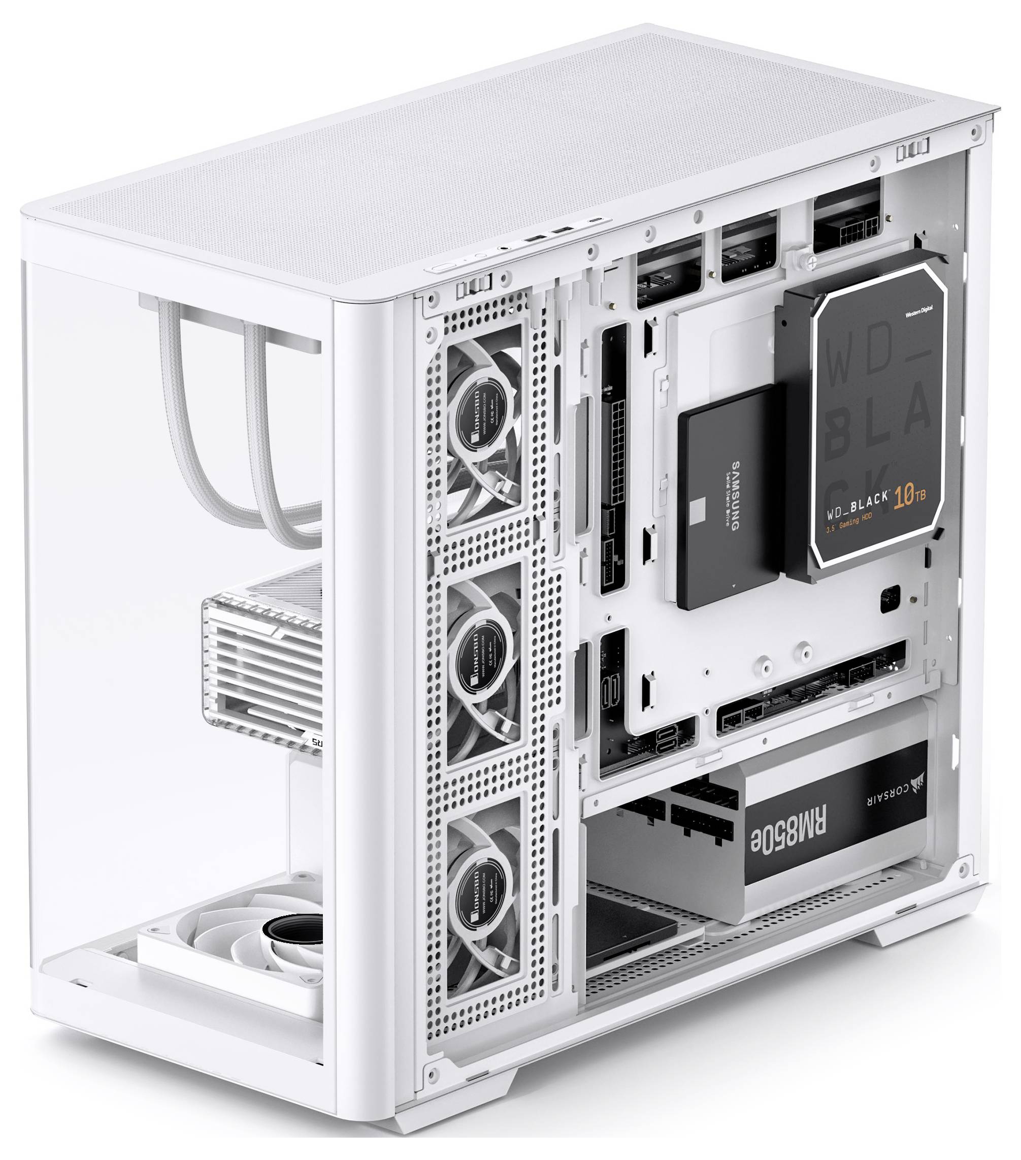 White computer case showing internal components including fans, a graphics card, storage drives labeled 'WD_BLACK' and 'MSI'.