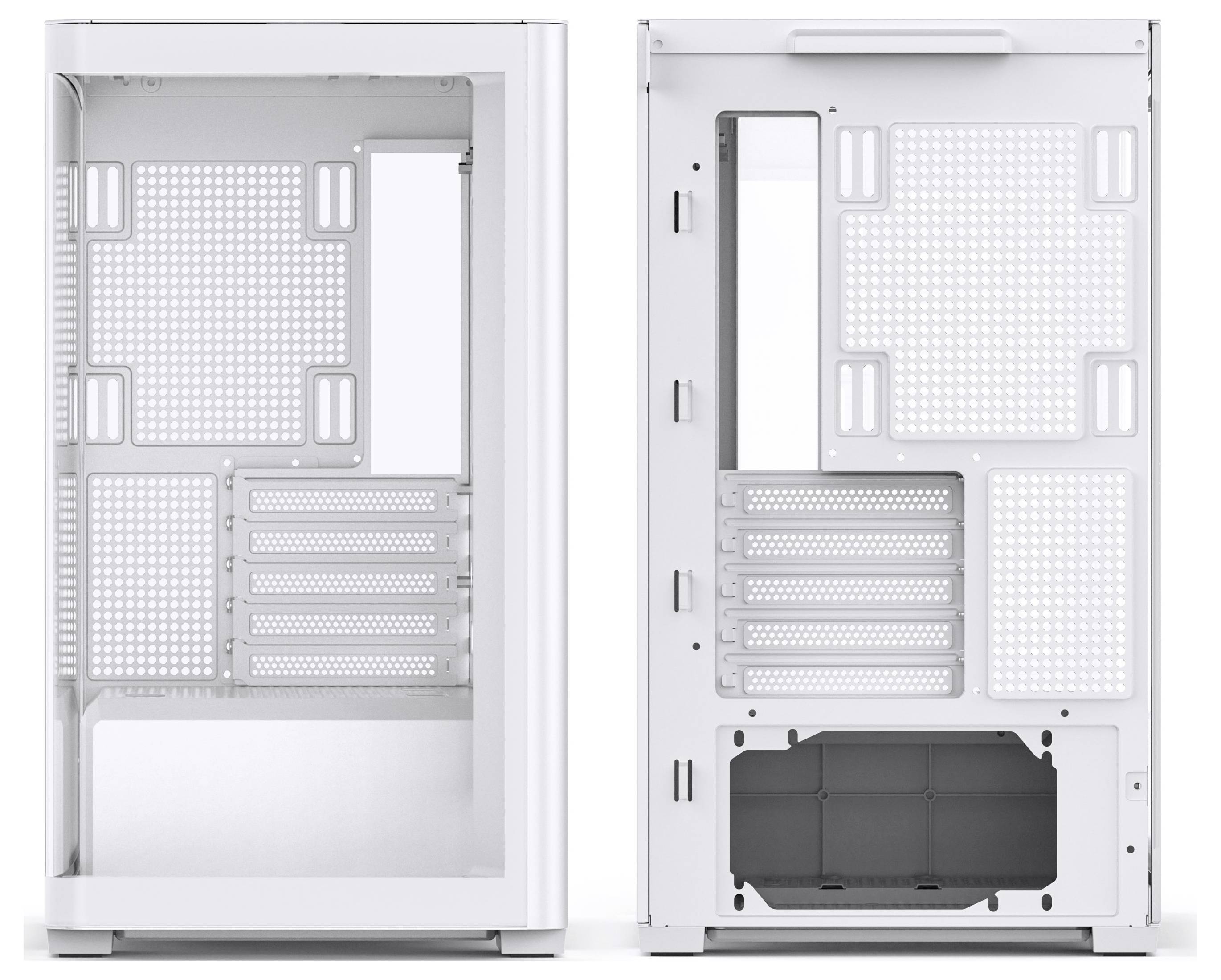 Two views of a white computer case. The left side shows an angled perspective highlighting the interior, while the right side displays a rear view with openings for components.