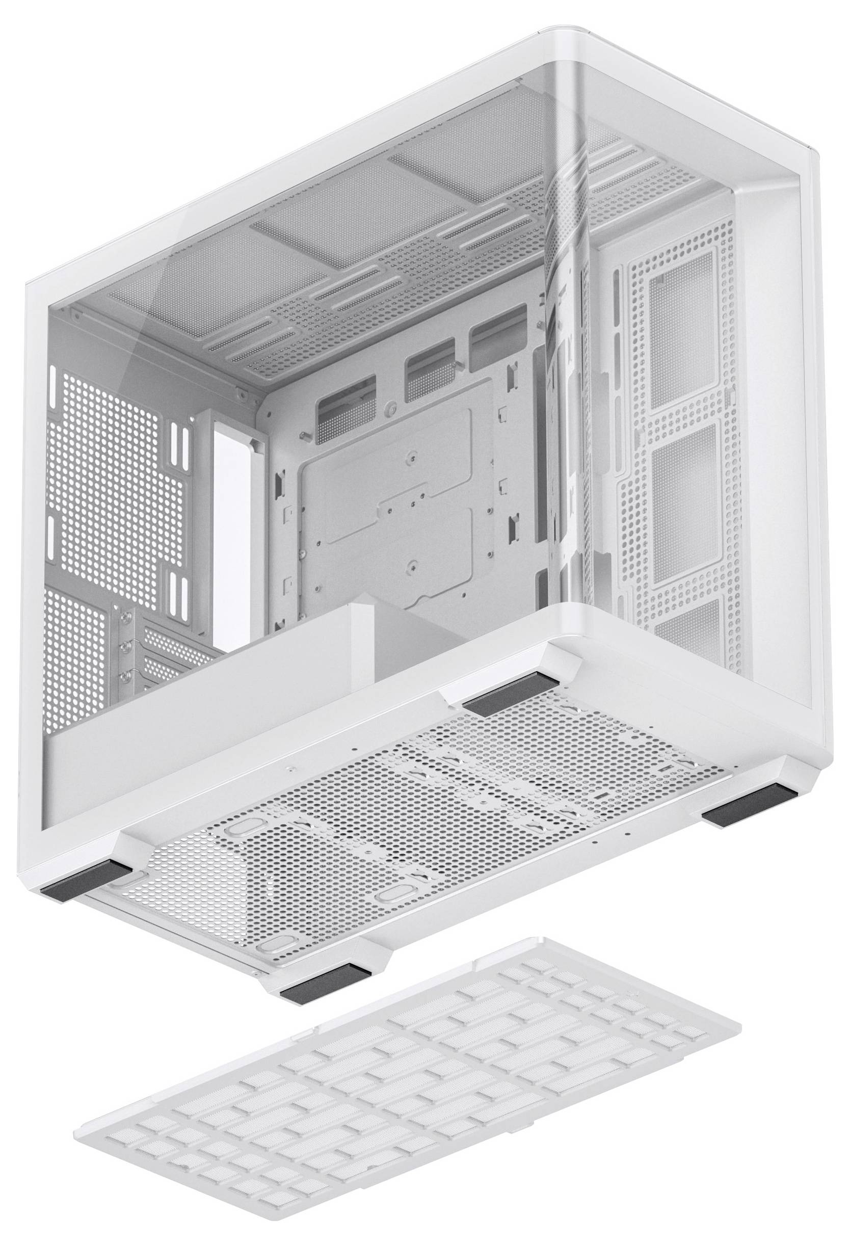 A white computer case with a transparent side panel is shown in an exploded view, highlighting the interior structure and a detachable mesh panel.