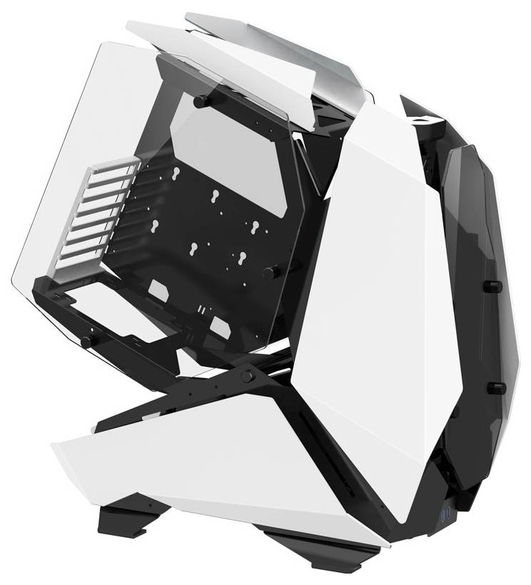 A white open-frame computer case with angular panels and a transparent side, designed for showcasing internal components.