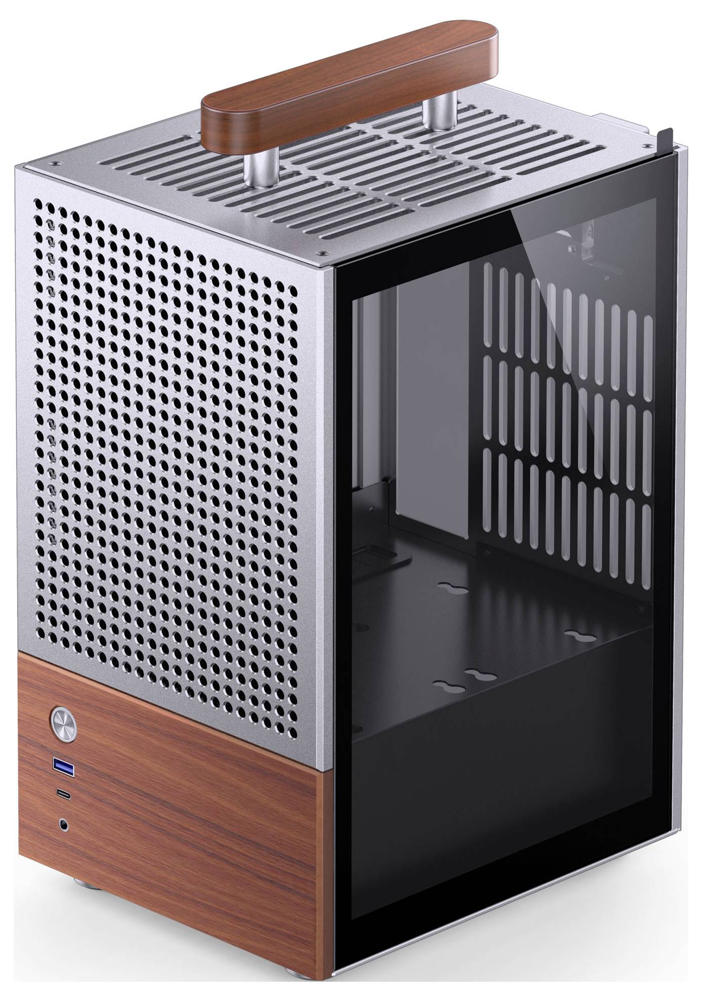 A desktop computer case with a modern design, featuring a perforated metal top, a wooden accent, and a transparent side panel.