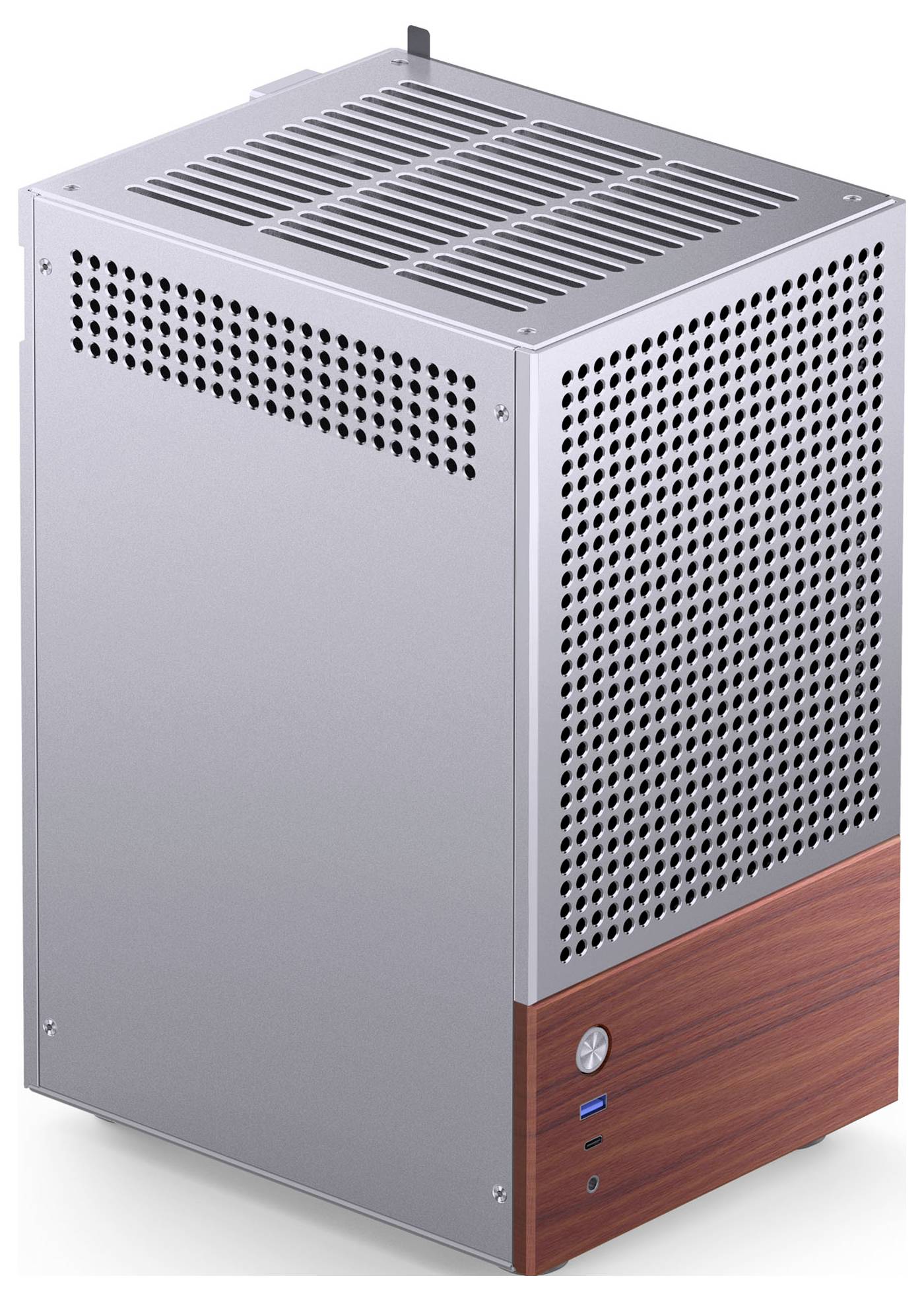 A compact, rectangular metal computer case with a perforated design for ventilation, featuring a wood-textured base with USB ports.