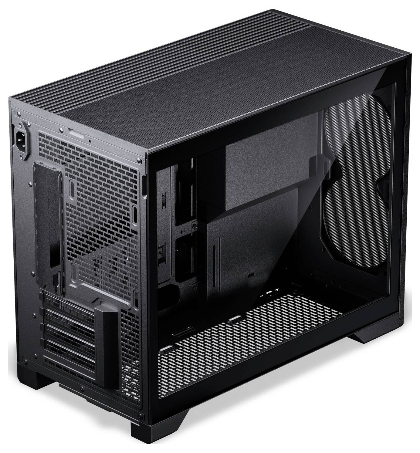 A black computer case with a mesh top, large side fan, and transparent side panel, showing an empty interior for component installation.