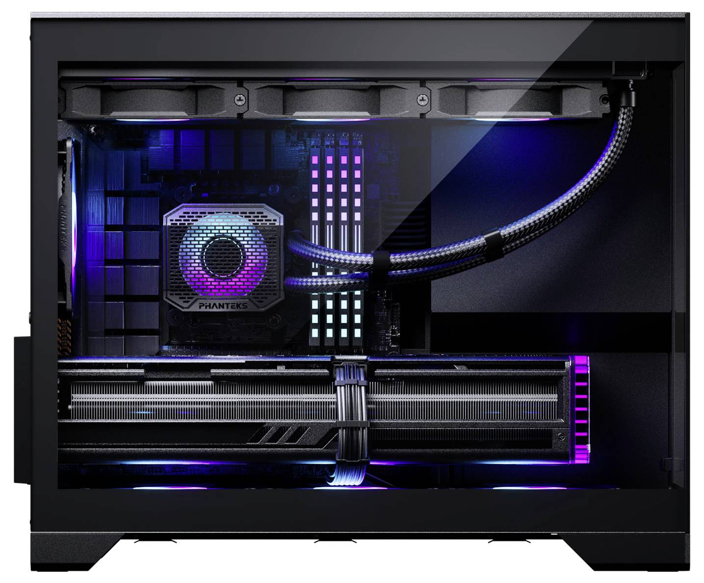 A desktop computer tower with a transparent side panel reveals internal components, including a graphics card, cooling system, and RGB lighting.