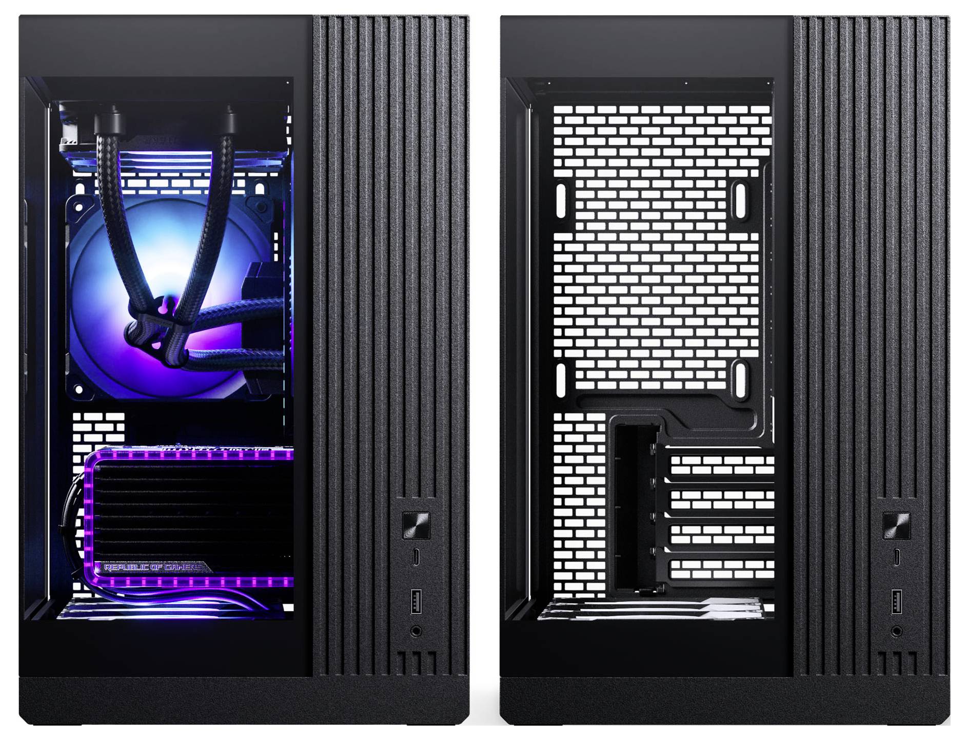 A computer case is shown in two perspectives: left with cooling components and LED lights, right empty showing interior structure.