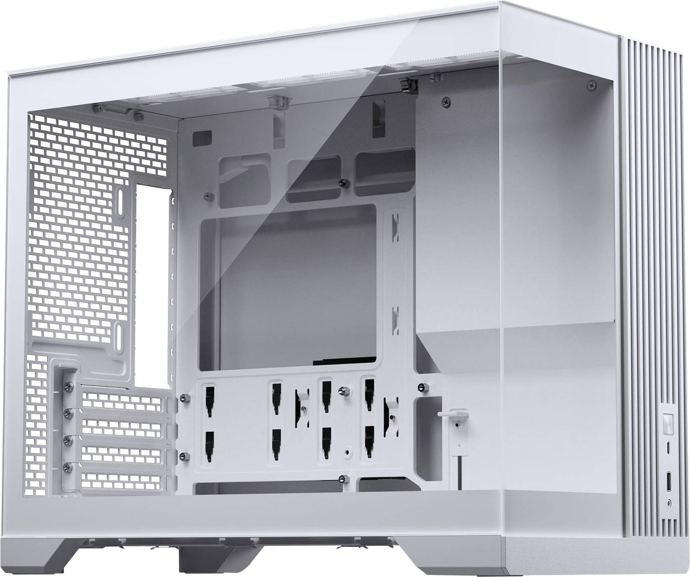 A white, empty computer case showing the interior layout with panel cutouts for components and side ventilation.