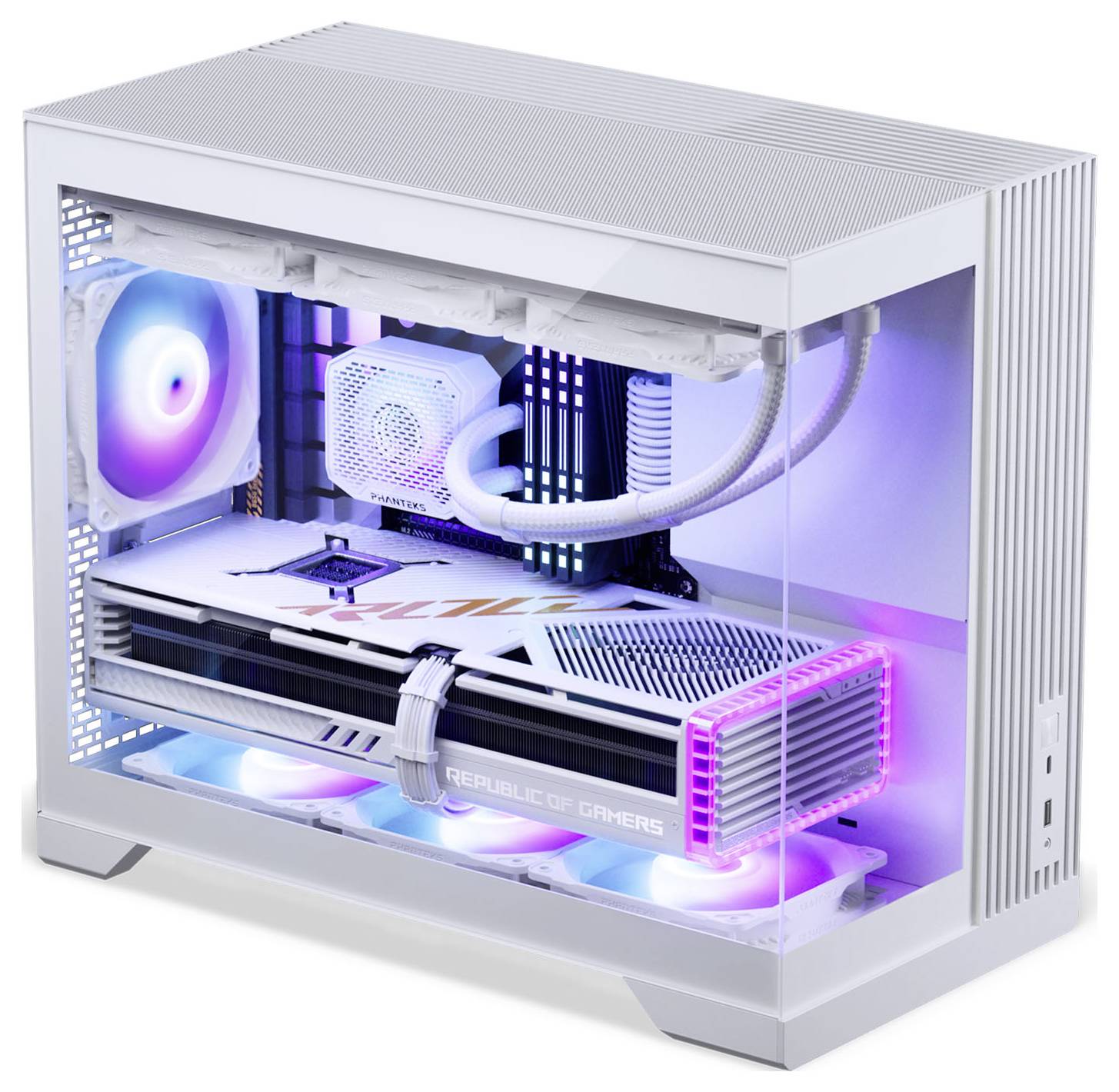 A white gaming PC with glass side panel, RGB lighting, and visible components including a graphics card labeled 'Republic of Gamers'.