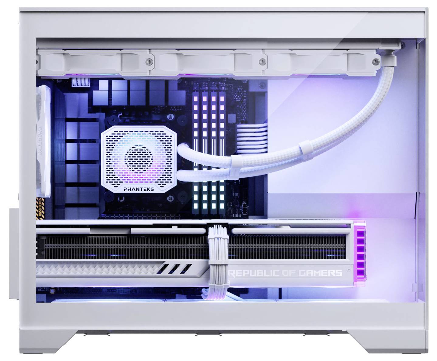 A white gaming desktop with RGB lighting, featuring a prominent 'Phanteks' cooler and 'Republic of Gamers' graphic card.