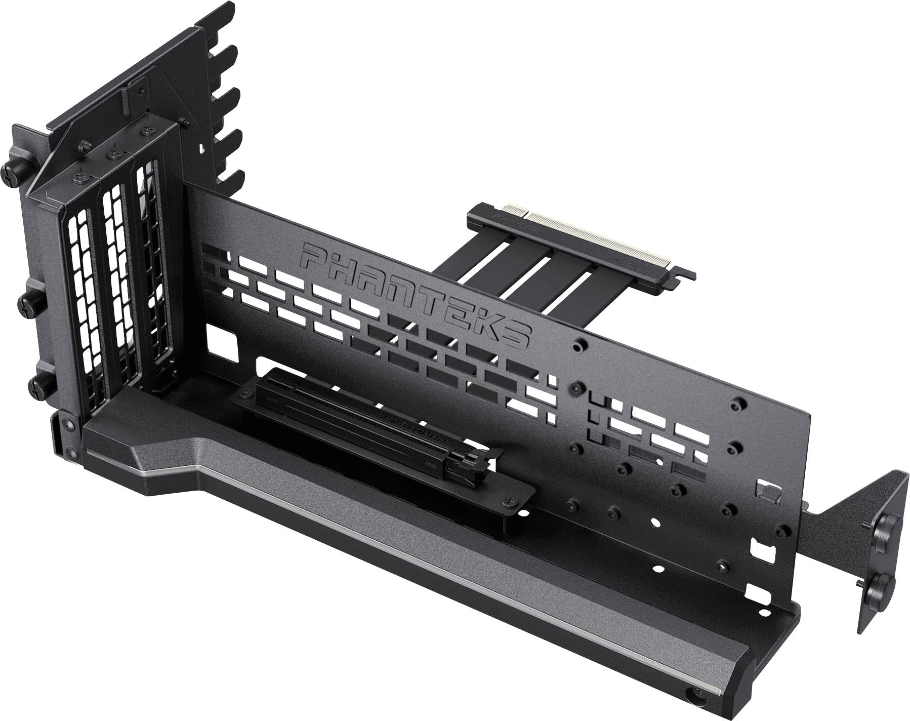A metal bracket labeled 'Phanteks', designed for holding and mounting components in a computer case, showing slots for cable management.
