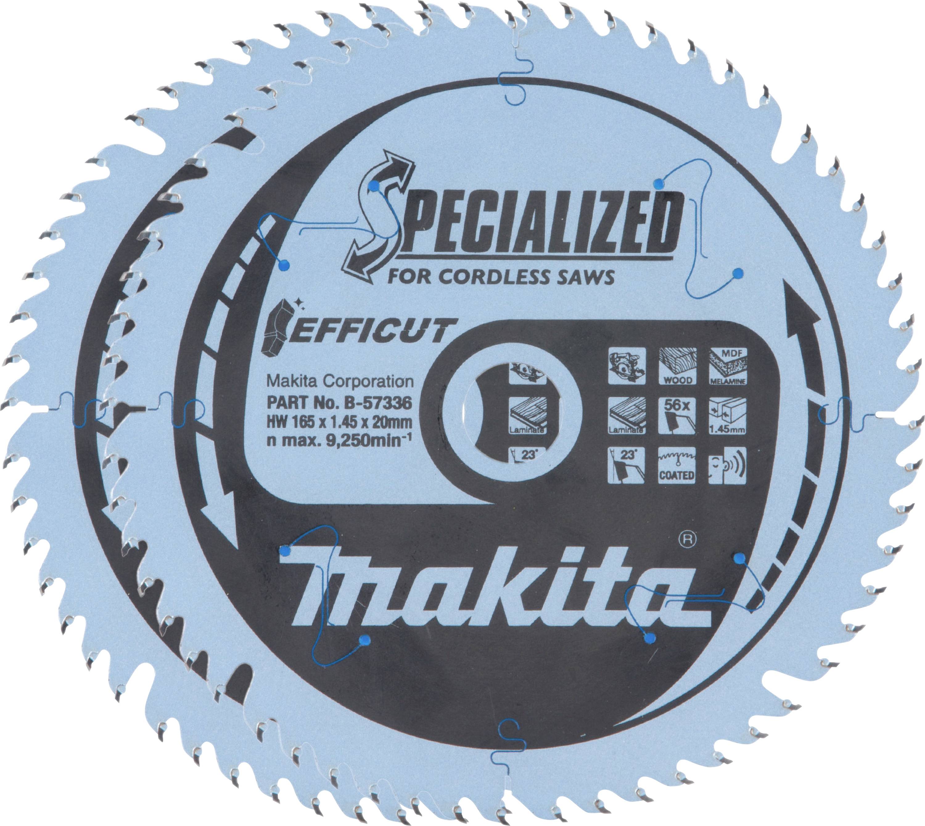Circular saw blade labeled 'Specialized for Cordless Saws.' Features include a diameter of 165 mm, efficiency design, and product codes.