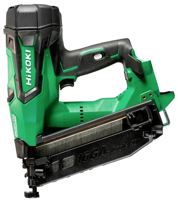A green and black cordless nail gun with the brand name 'HiKOKI'. It has a magazine that holds '16GA' nails, suitable for carpentry tasks.