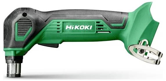 'HiKOKI' green and black cordless angle drill shown from the side, emphasizing its compact design and ergonomic grip.