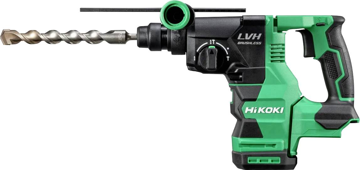 A green and black power drill with a drill bit attached, featuring a grip handle and a mode selection dial. The brand name 'Hikoki' is visible.