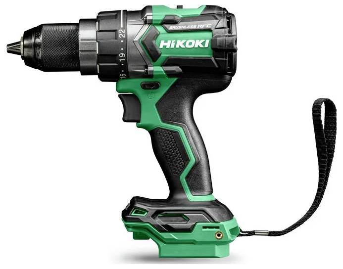 A green and black cordless drill with a wrist strap is shown on a white background. The brand name is visible on the side of the tool.