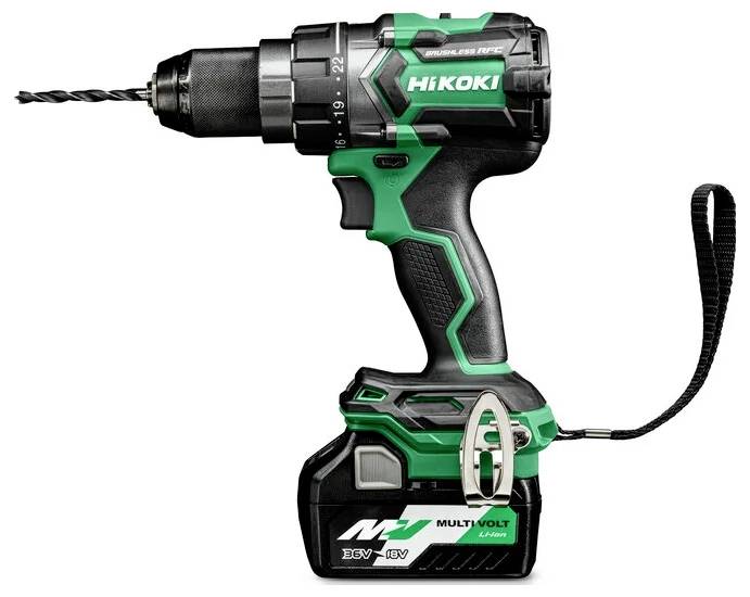 A green and black cordless drill labeled 'HiKOKI', with a detachable battery, displayed on a white background.