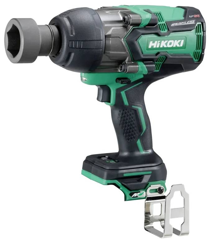 A green and black HiKoki impact wrench with a large socket attachment, designed for heavy-duty fastening tasks.