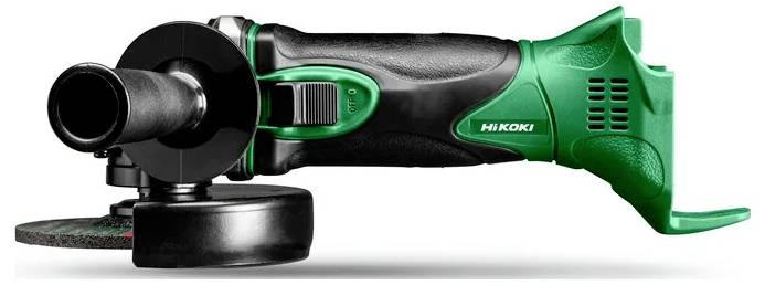 A green and black handheld angle grinder with a side handle attachment, featuring a visible grinding disc and brand name 'Hikoki'.