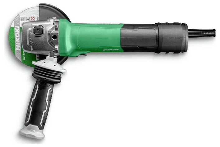A green and black angle grinder showing a side handle, power switch, and circular abrasive disc for cutting and grinding tasks.