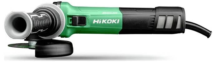 A green and black Hikoki angle grinder with a side handle, designed for cutting or grinding various materials.