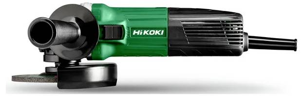 A green and black Hikoki angle grinder with a side handle, safety guard, and visible grinding disc, designed for cutting or grinding tasks.