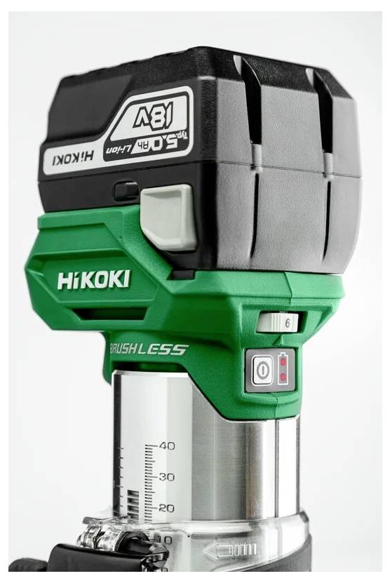 A green and black HiKoki brushless cordless power tool, model number 481, with a visible control panel and measurement markings.